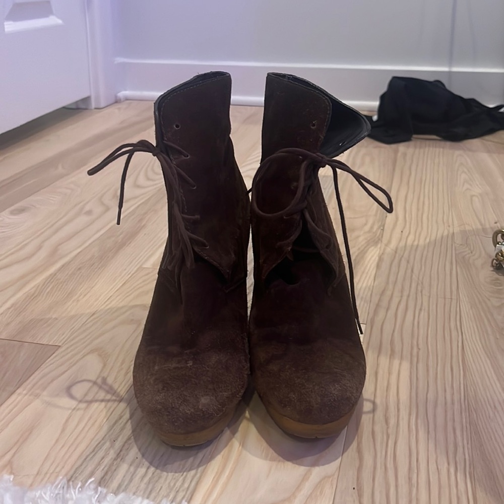 prada suede brown heels